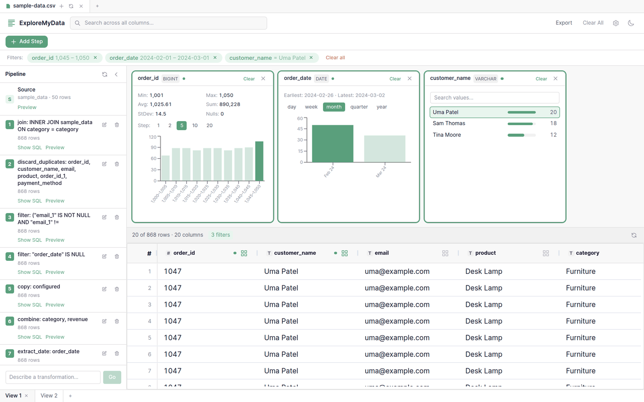 ExploreMyData app showing pipeline, column explorer charts, and data grid with CSV data